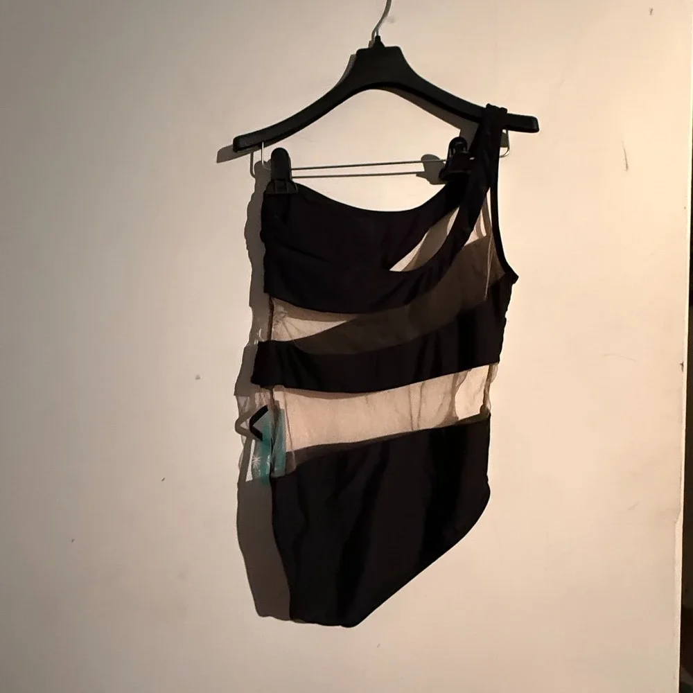 One piece Swim Suit Size Large One Shoulder Mesh Peekaboo Black‎ NWT